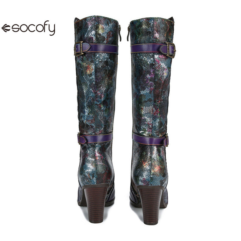 Socofy Vicconfy Genuine Leather Printed Belt Buckle Ethnic Long Boots