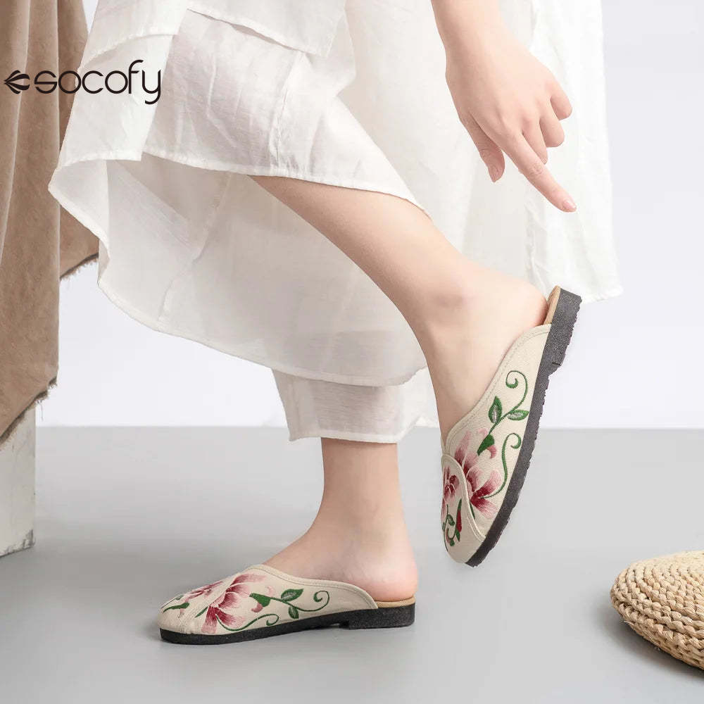 Socofy Spring Summer Outside Embroider Flat Slippers