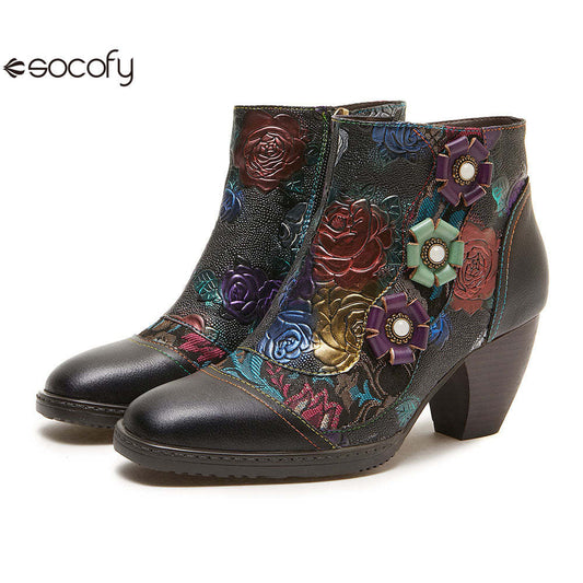 Socofy retro cowhide round toe heightening women's boots 1000