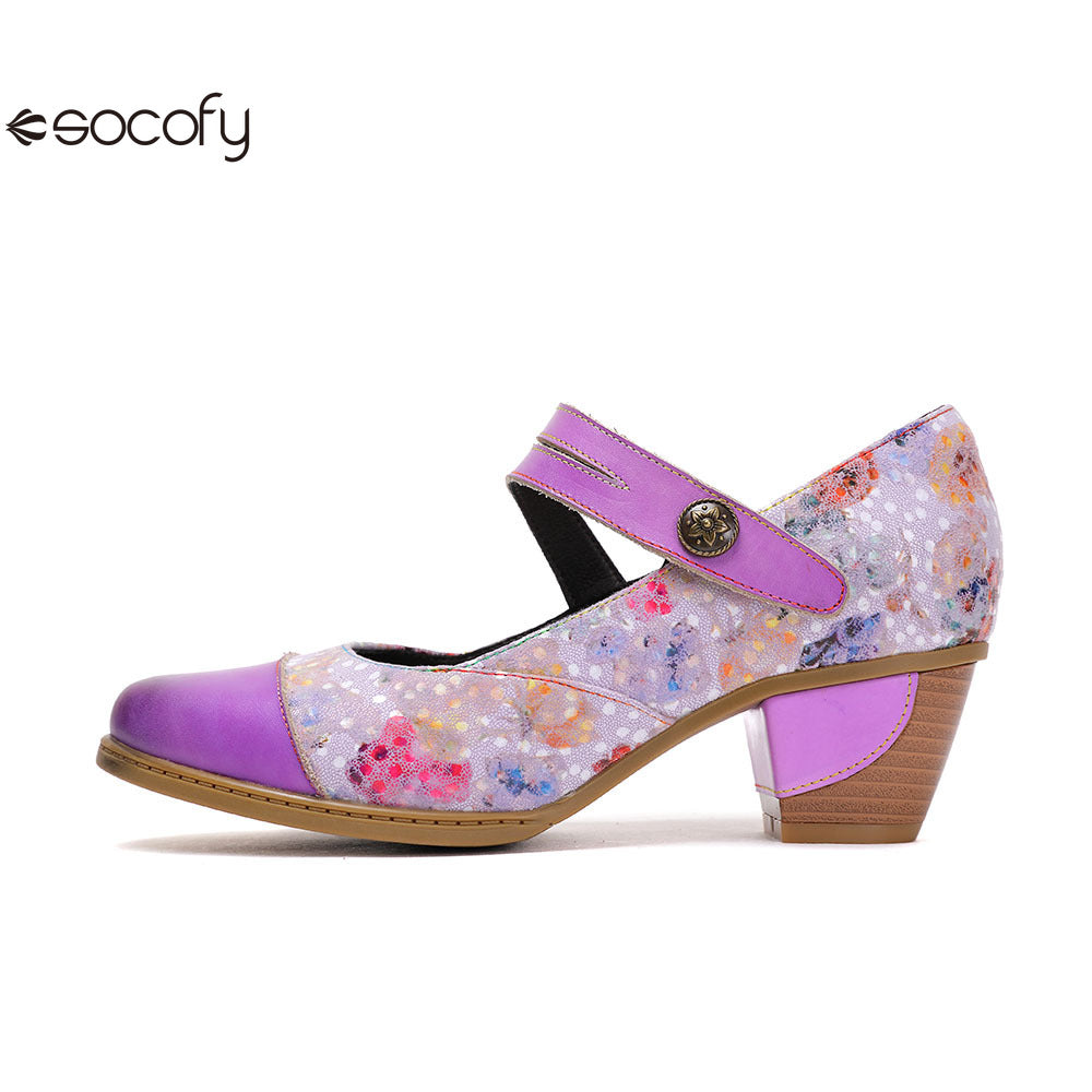 Socofy Vicconfy Genuine Leather Ethnic Vintage Style High Heeled Shoes