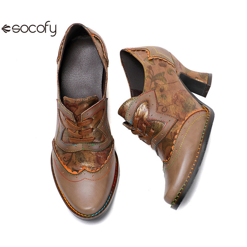 Socofy Vicconfy Genuine Leather Ethnic Brown High Heels