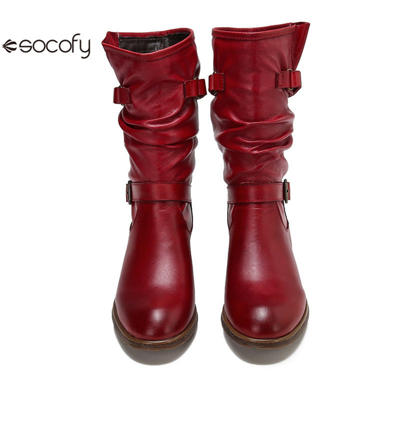 Socofy Vicconfy Genuine Leather Buckle Deco Cowhide Flat Long Boots