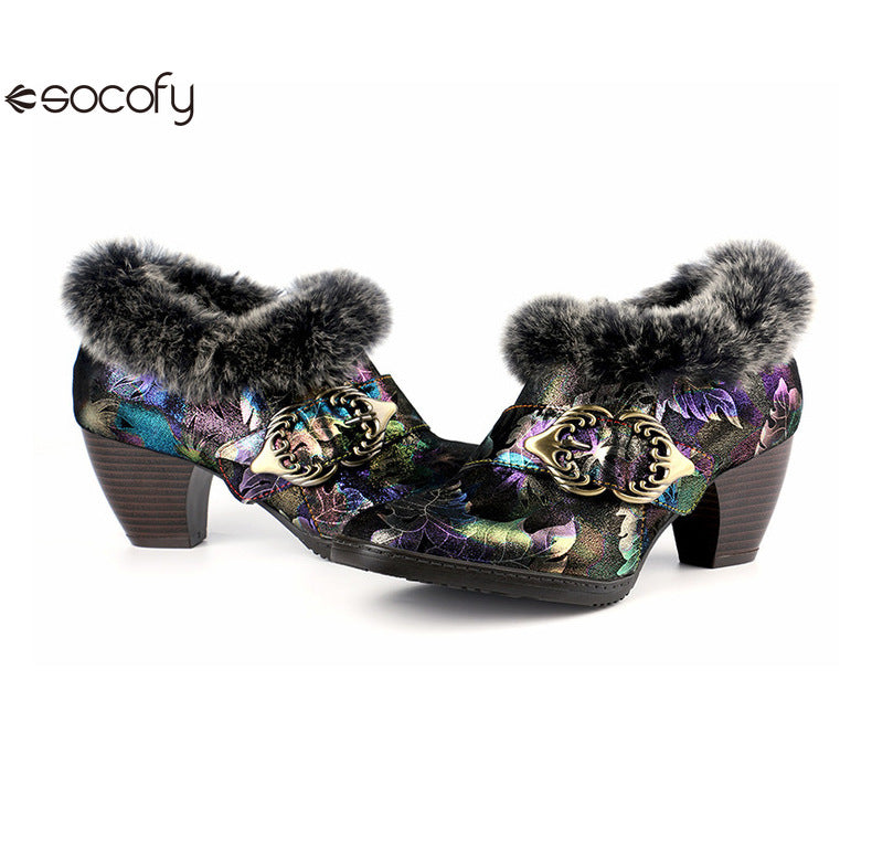 Socofy Vicconfy Genuine Leather Vintage Genuine Wool Patchwork Vintage Illusion Pumps