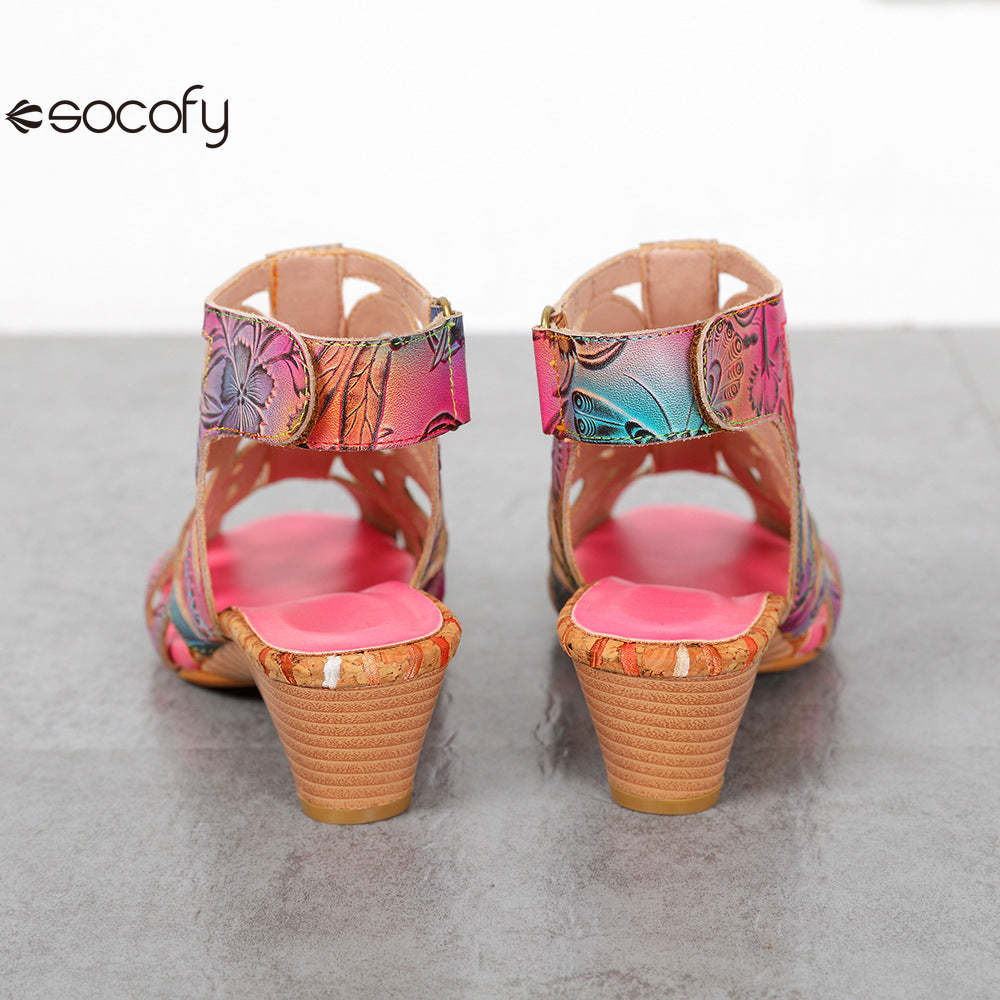 Socofy Summer ethnic style cowhide retro casual fish mouth women's sandals