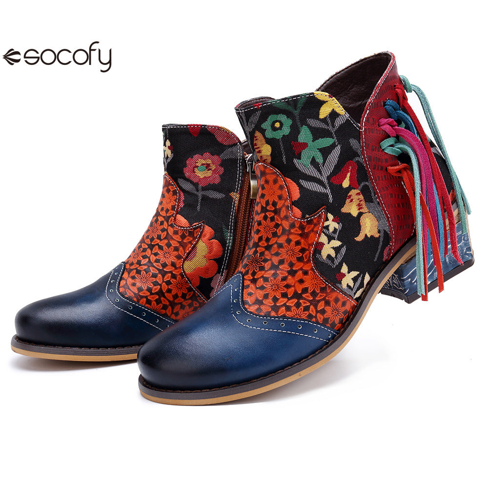 Socofy Vicconfy Leather Printed Fringe Cowboy Boots