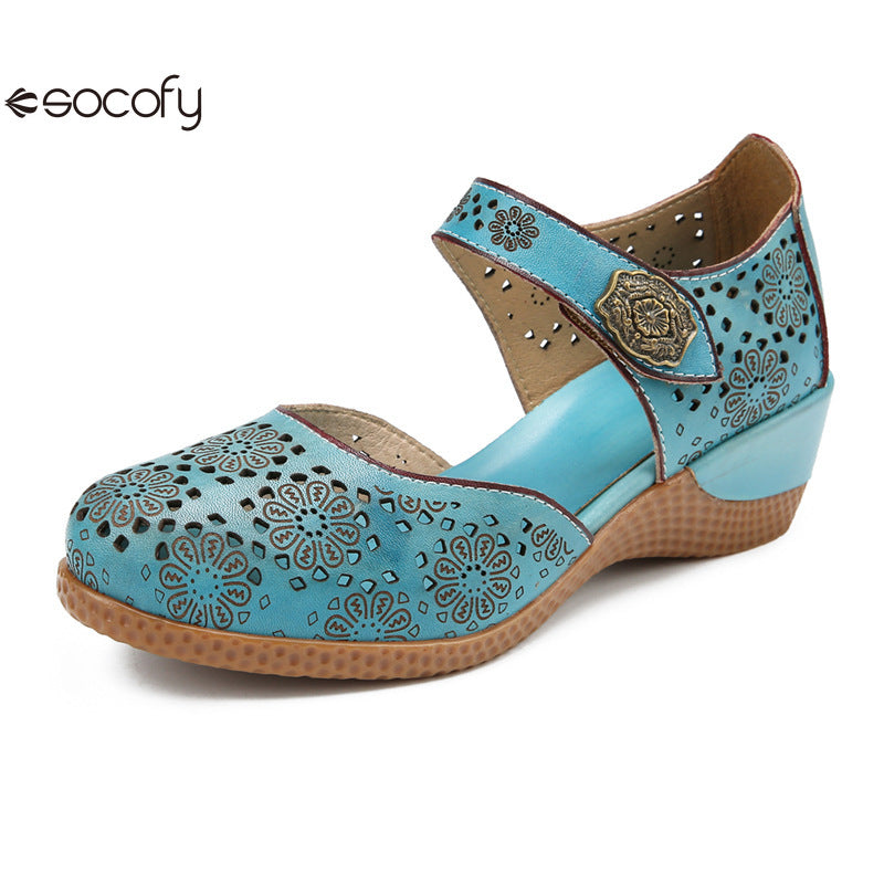 Socofy Genuine leather romantic three-dimensional flowers hollowed out sandals