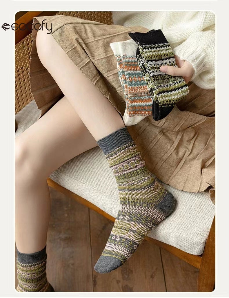 Socofy Vicconfy Mid-calf Socks Vintage Ethnic Striped Cotton Socks