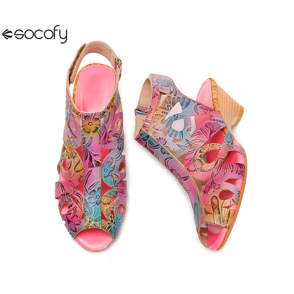 Socofy Summer ethnic style cowhide retro casual fish mouth women's sandals