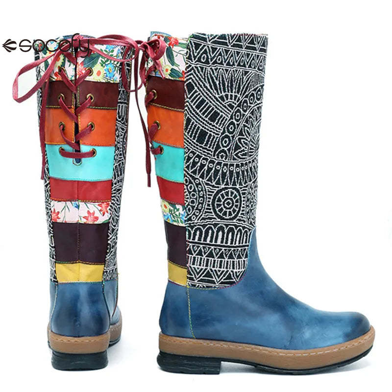 Socofy Vinatge Handmade Knee High Boots For Women Genuine Leather Shoes Women