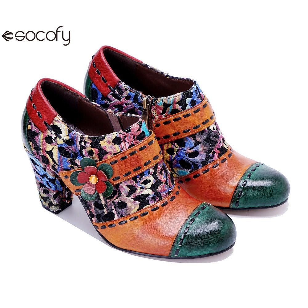 Socofy Genuine Leather Vintage Floral Chunky Heeled Women Pumps