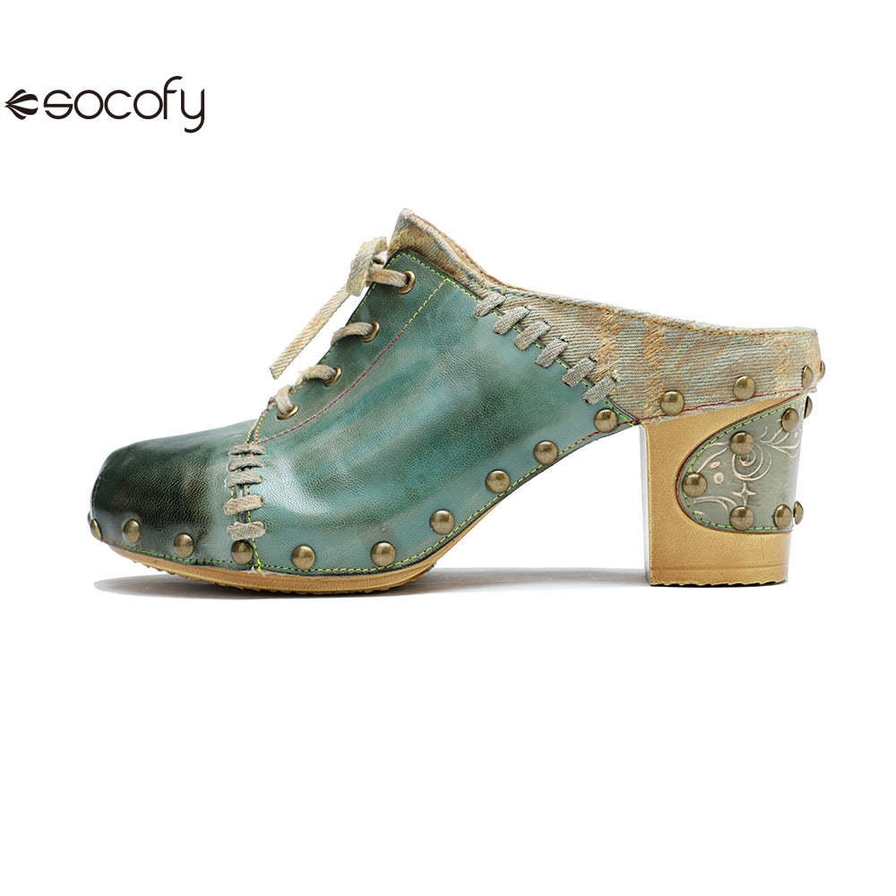 Socofy Leather Retro Street Style Rivet Chunky Heeled High Heels