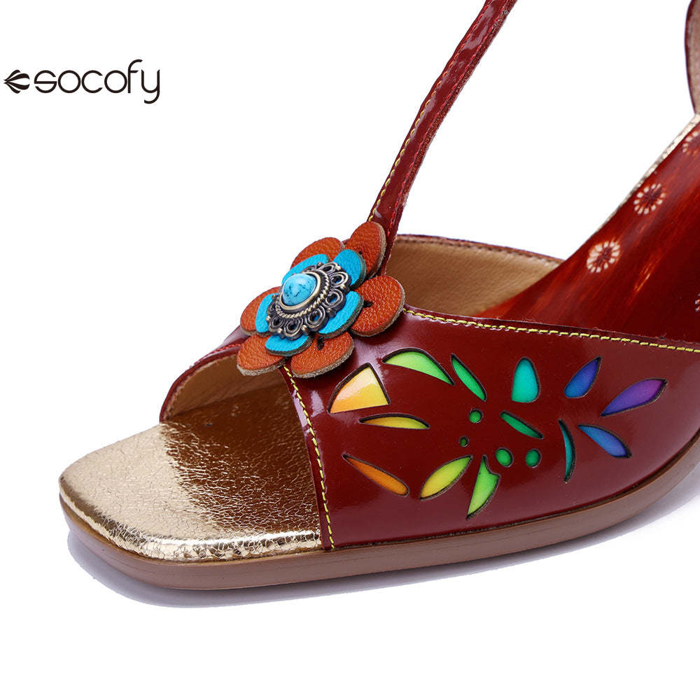 Socofy Vicconfy Women's Leather Handmade Color Rubbed Hollow Flower Square Heel High Heeled Sandals