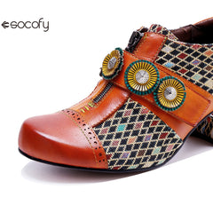 Socofy Genuine leather vintage plaid three-dimensional flowers pumps