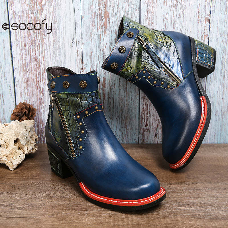 Socofy Vicconfy Women's Martin Boots Leather Patchwork Ethnic Vintage Short Boots