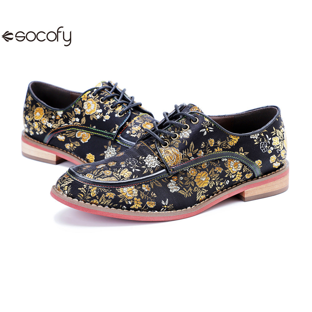 Socofy Genuine Leather Retro Flat Print Casual Lace-up Loafers Shoes