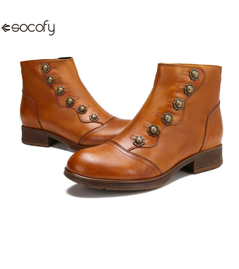 Socofy Vicconfy Women's Rivet Leather Boots Vintage Women's Shoes