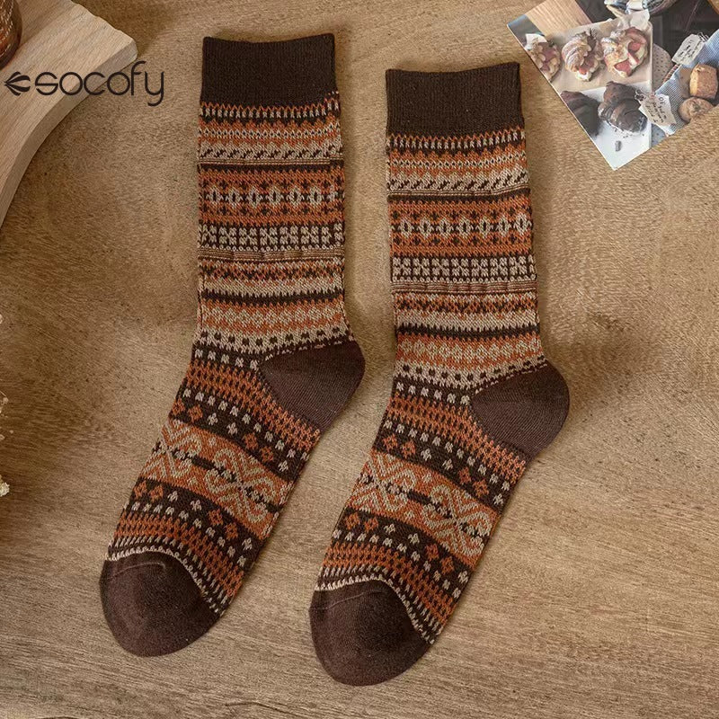 Socofy Vicconfy Mid-calf Socks Vintage Ethnic Striped Cotton Socks