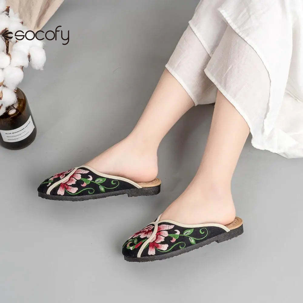 Socofy Spring Summer Outside Embroider Flat Slippers