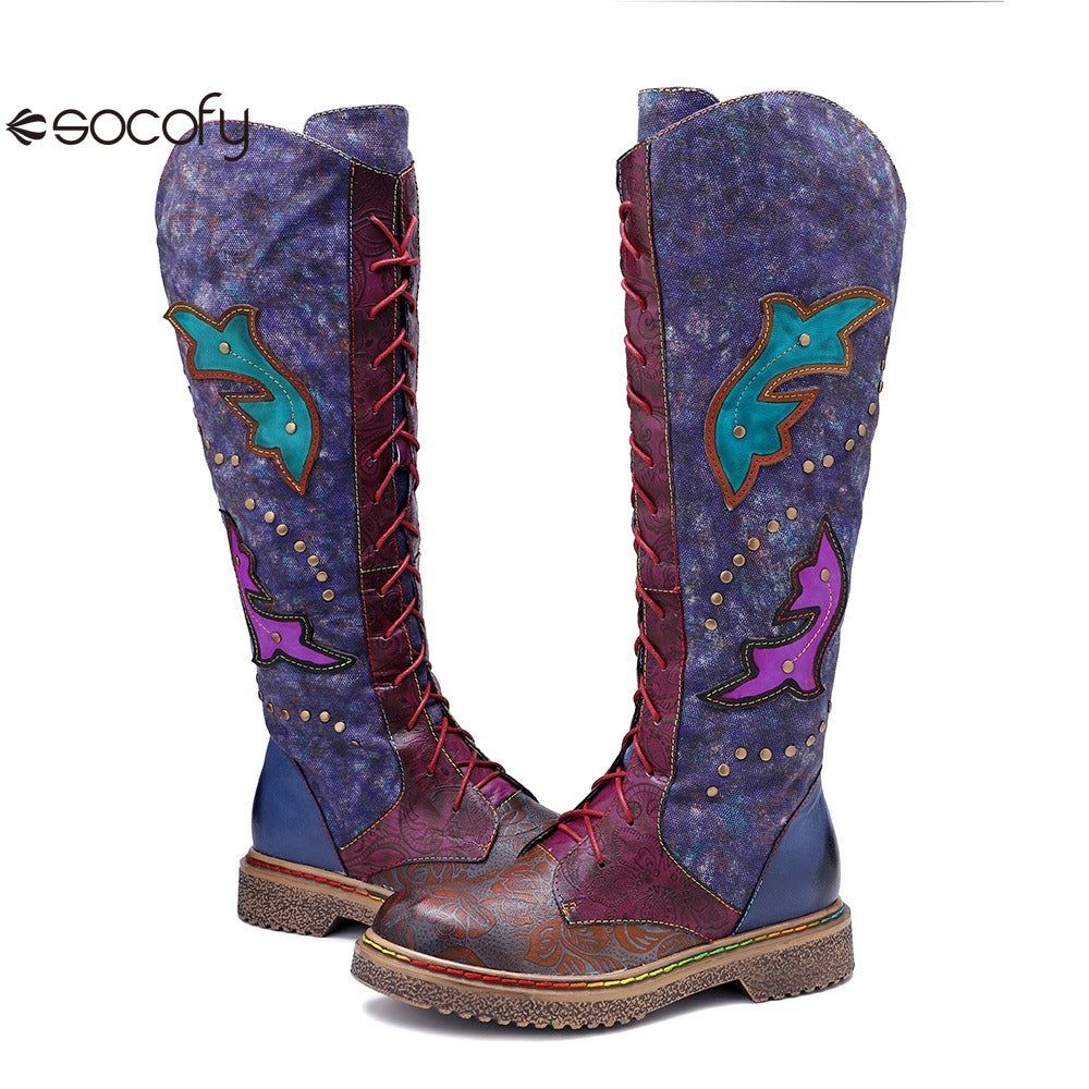 Socofy Vicconfy Locomotive Texture Dark Flower Women's Boots Flat Women's Boots