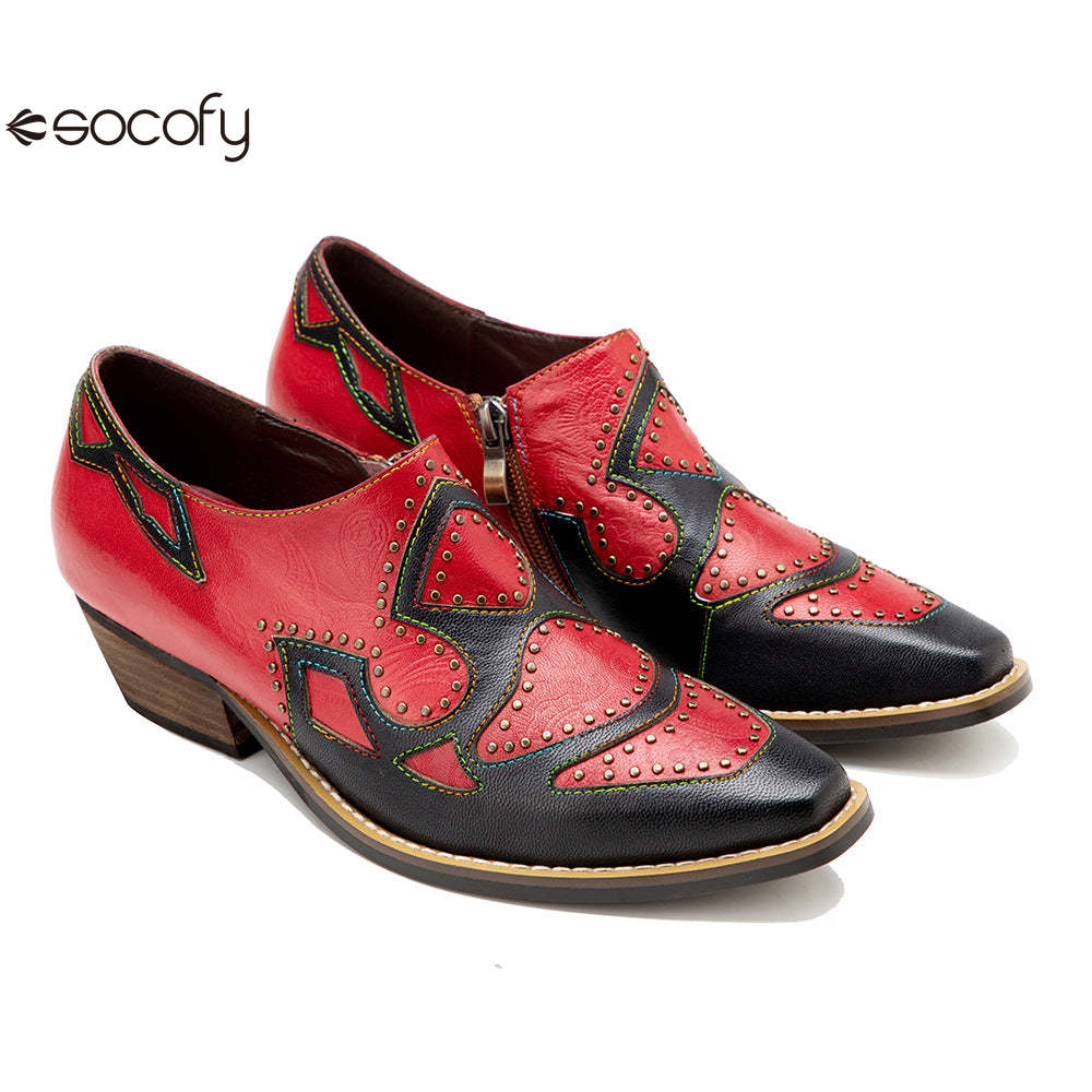 Socofy Genuine Leather Retro Round Rivet Deco Shallow Flat Shoes