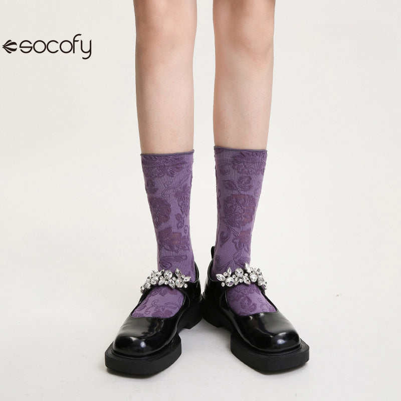 Socofy Vintage mid-calf socks for women combed cotton fashion socks