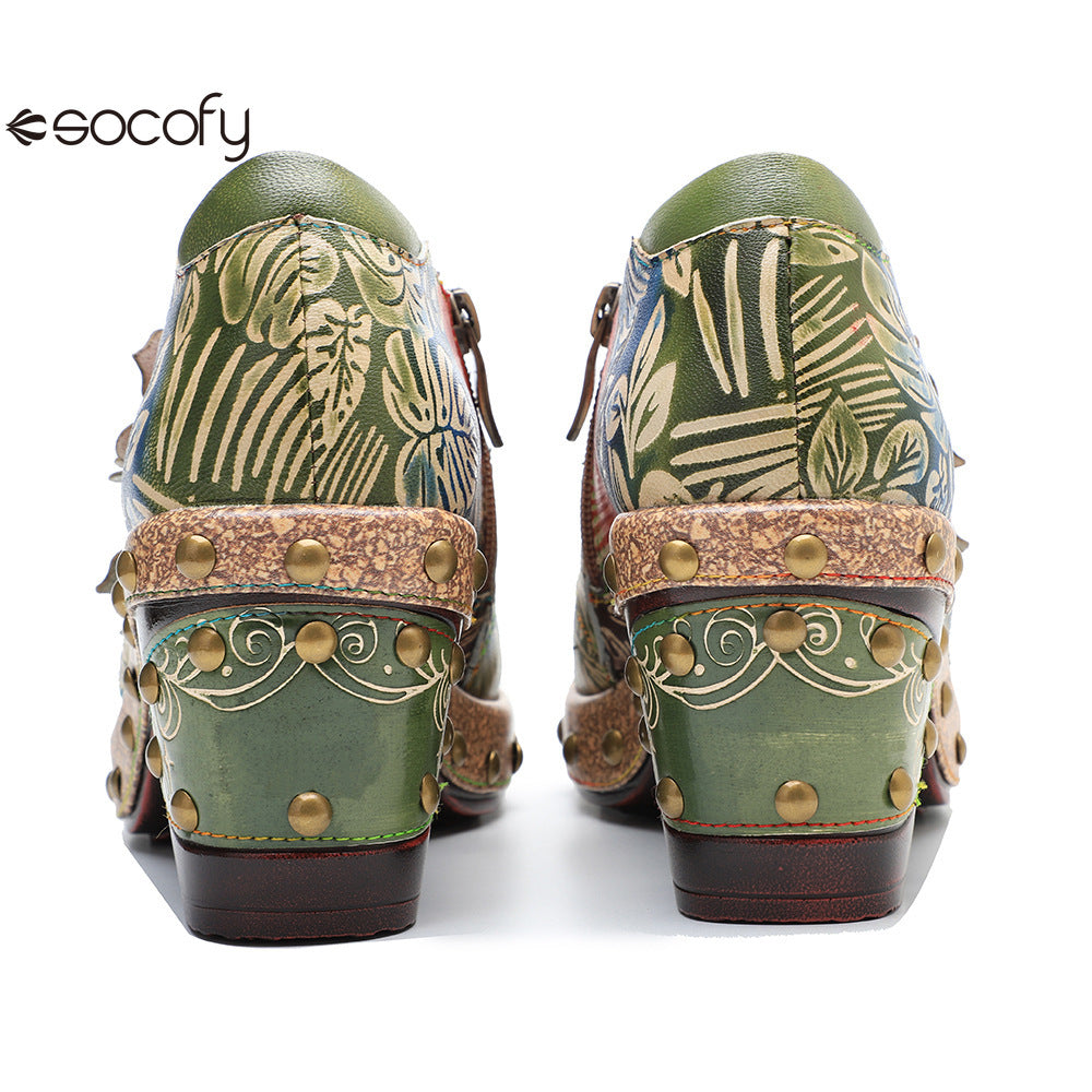 Socofy Genuine Leather Vintage Floral Dimensional Flower Comfortable Pumps