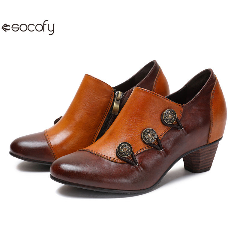 Socofy Vicconfy Genuine Leather Ethnic Style Handmade Vintage Literary Buckle Heels