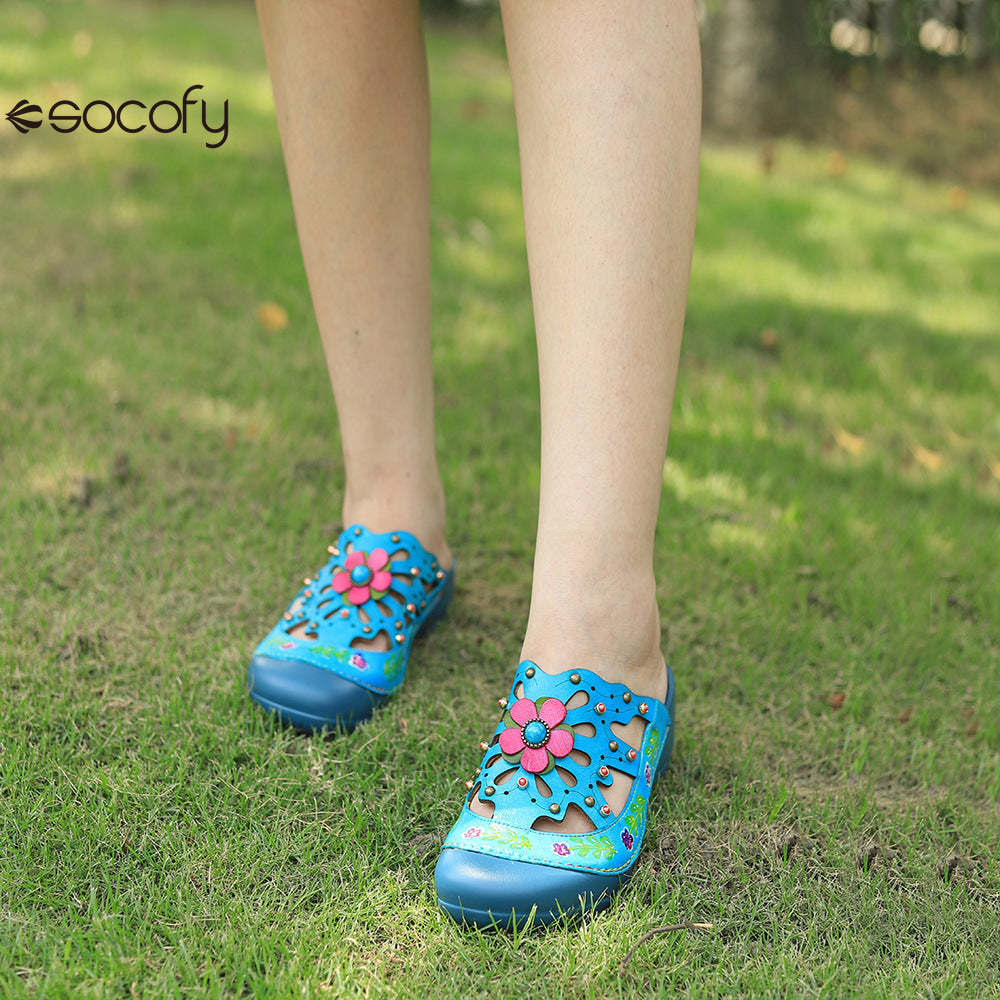 Socofy Genuine leather hand-rubbed vintage casual three-dimensional flower hollow comfortable shoes