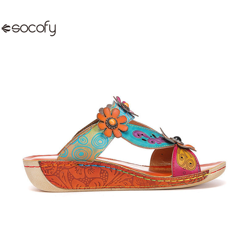 Socofy Vicconfy Loose Round Toe Handmade Cubic Flower Ethnic Flat Sandals