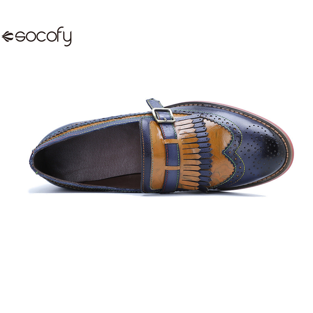 Socofy Genuine Leather Women's Retro Colorblocking Tassel Flat Comfort Loafers