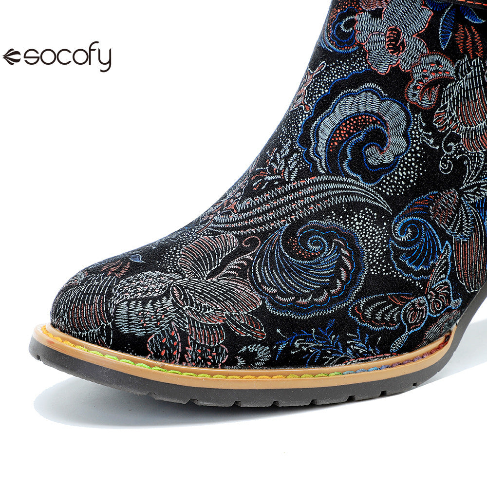 Socofy Genuine Leather Vintage Boots Warm Lace Side Heeled Boots