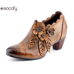 Socofy Genuine Leather Handmade Vintage Fashion Side Zipper High Heels Women's Shoes