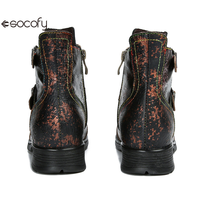 Socofy Vicconfy Genuine Leather Ethnic Vintage Rivet Belt Buckle Boots