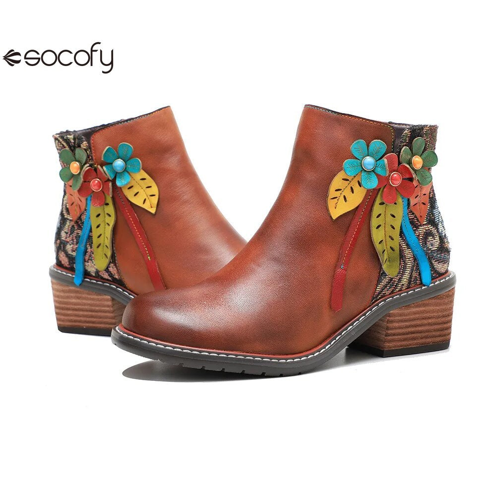 SOCOFY Winter New Round Toe Patchwork Handmade Ankle Boots