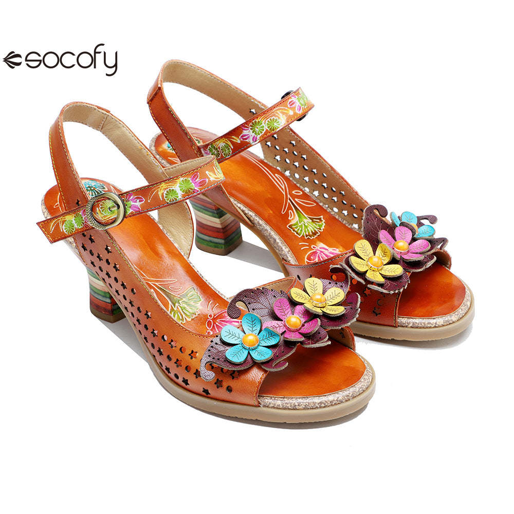 Socofy Summer Genuine Leather Hollow Three-dimensional Flower Comfortable Women's High Heels