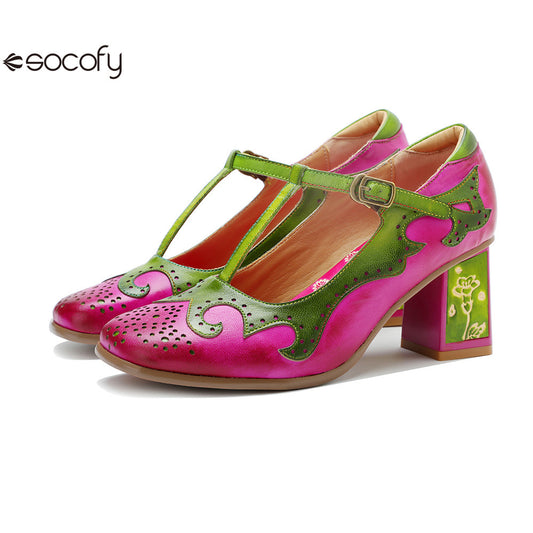 Socofy Handmade Leather Vintage Mary Jane Heels 1000