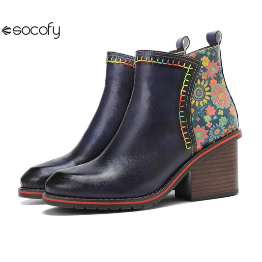 SOCOFY Genuine Leather Winter New Round Toe Patchwork Handmade Ankle Boots 1000