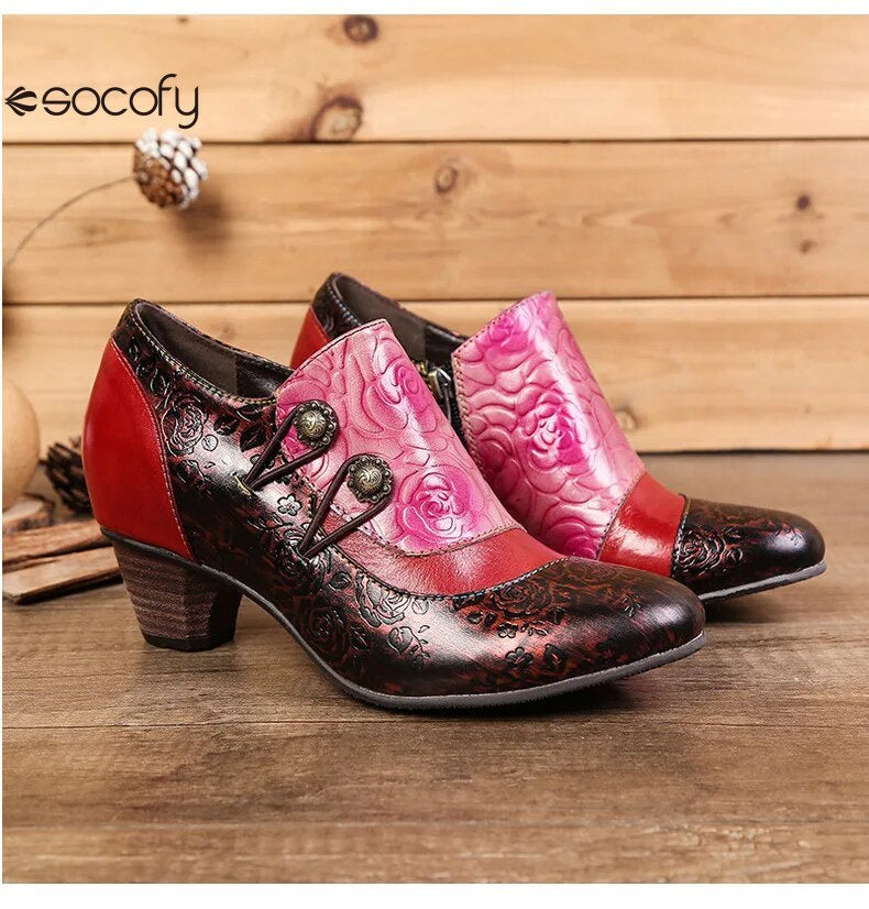 SOCOFY Genuine Leather Ethnic Style Pumps