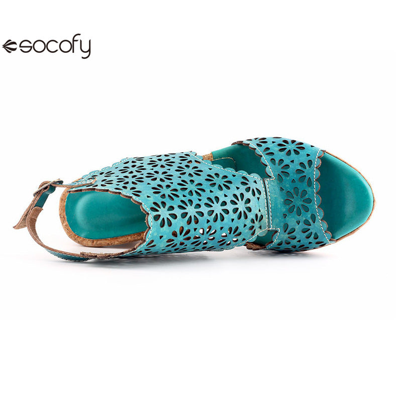 Socofy Vicconfy Open Toe Slingback Vintage Hollow Chunky Sandals