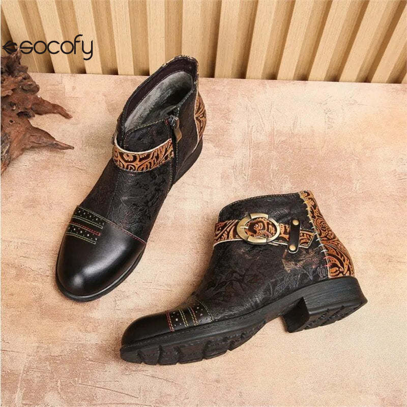 SOCOFY Genuine Leather Ethnic Style Round Toe Belt Buckle Handmade Embossing Short Boots