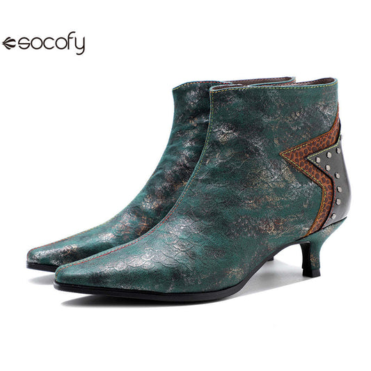 Socofy French Retro Metallic Dark Studded Studded Wrap Heel Design Slim Heel Women's Boots 1000