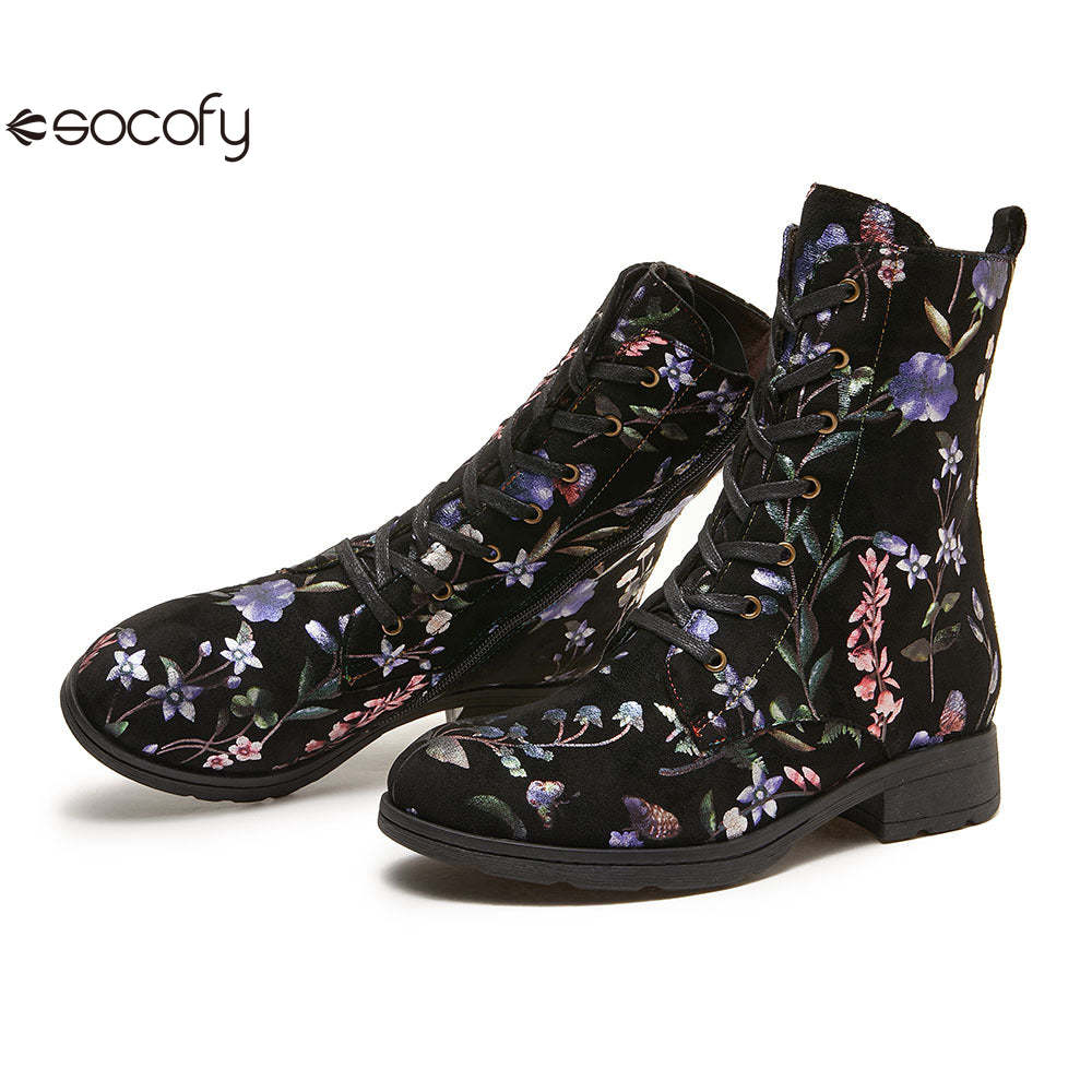 Socofy Autumn and winter warm and wear-resistant mid-calf round-toe cowhide leather fashion boots