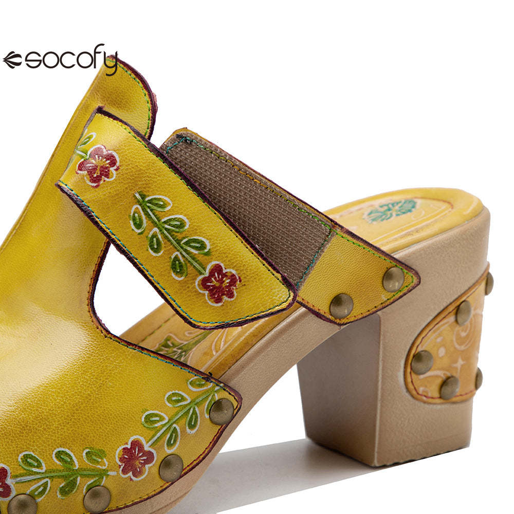 Socofy Spring and summer new spot genuine leather retro floral Baotou comfortable thick heel clogs and sandals