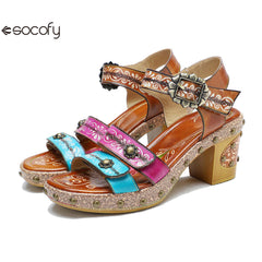 Socofy Summer Leather Retro Rivet Clash Colour High Heeled Sandals