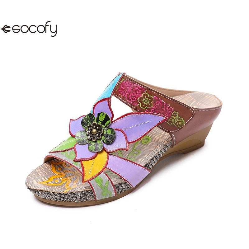 Socofy genuine genuine leather bohemian floral vintage sandals