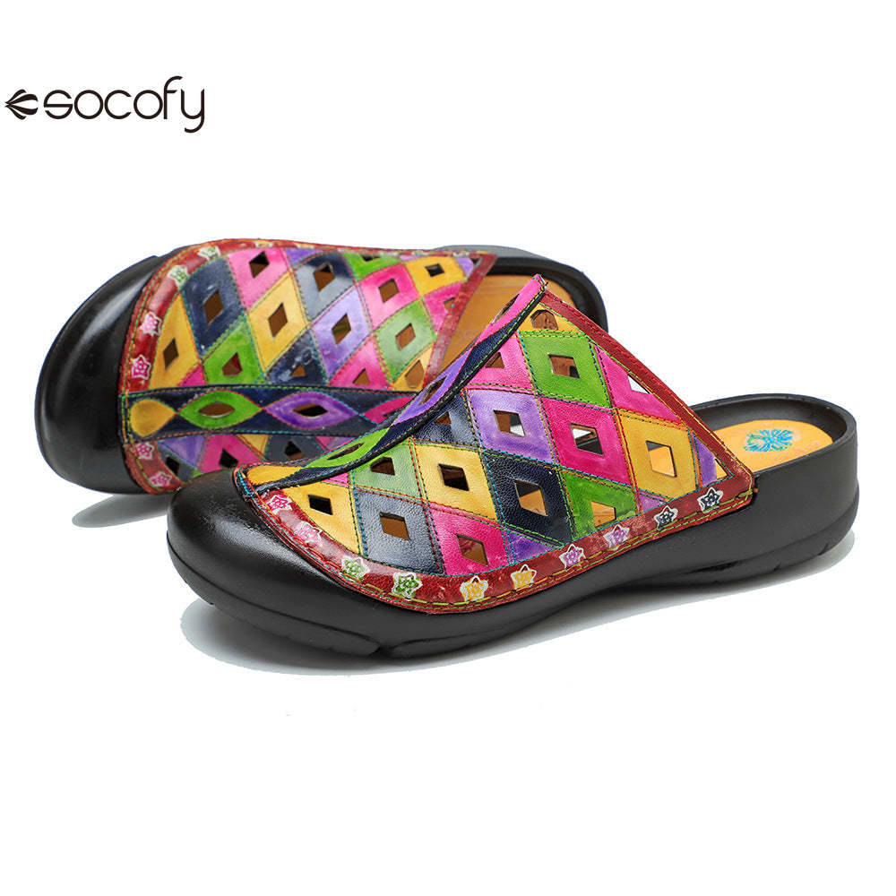 Socofy Genuine leather hand-rubbed casual retro colorful hollow comfortable flat slippers