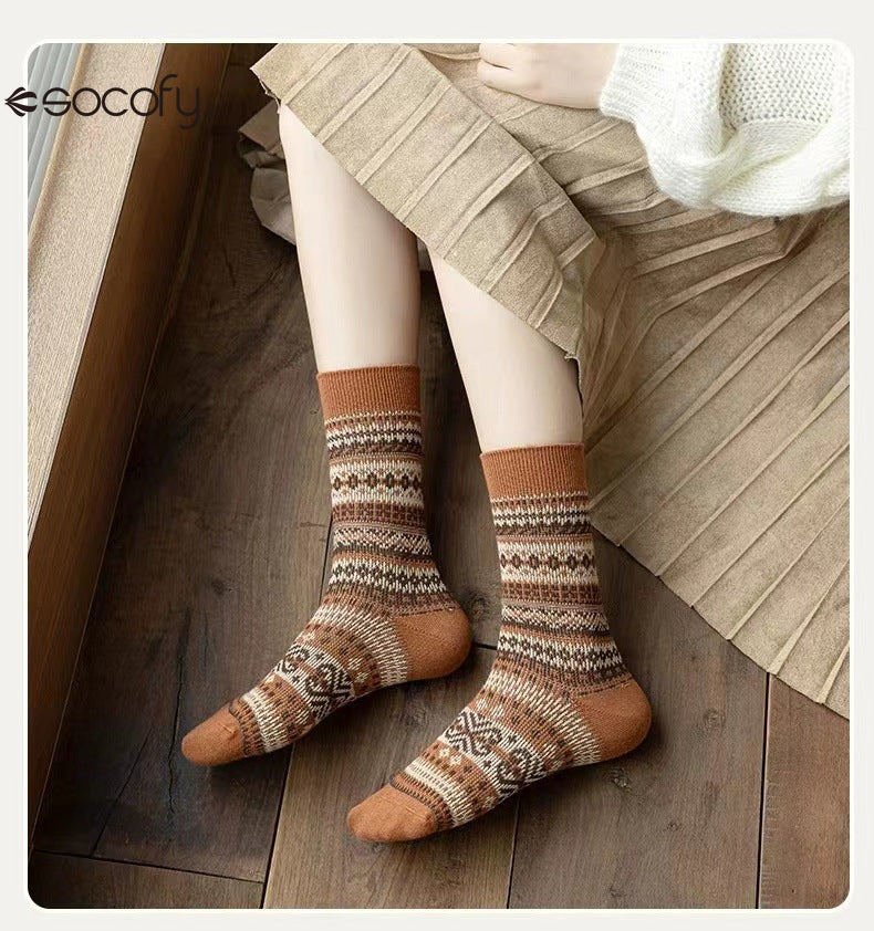 Socofy Vicconfy Mid-calf Socks Vintage Ethnic Striped Cotton Socks