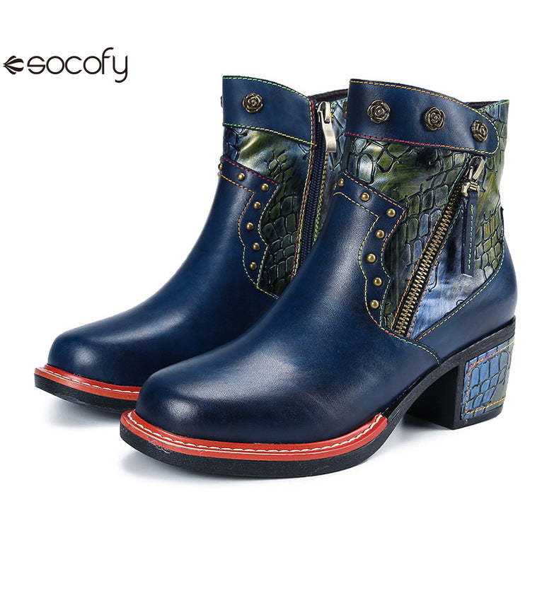 Socofy Vicconfy Women's Martin Boots Leather Patchwork Ethnic Vintage Short Boots