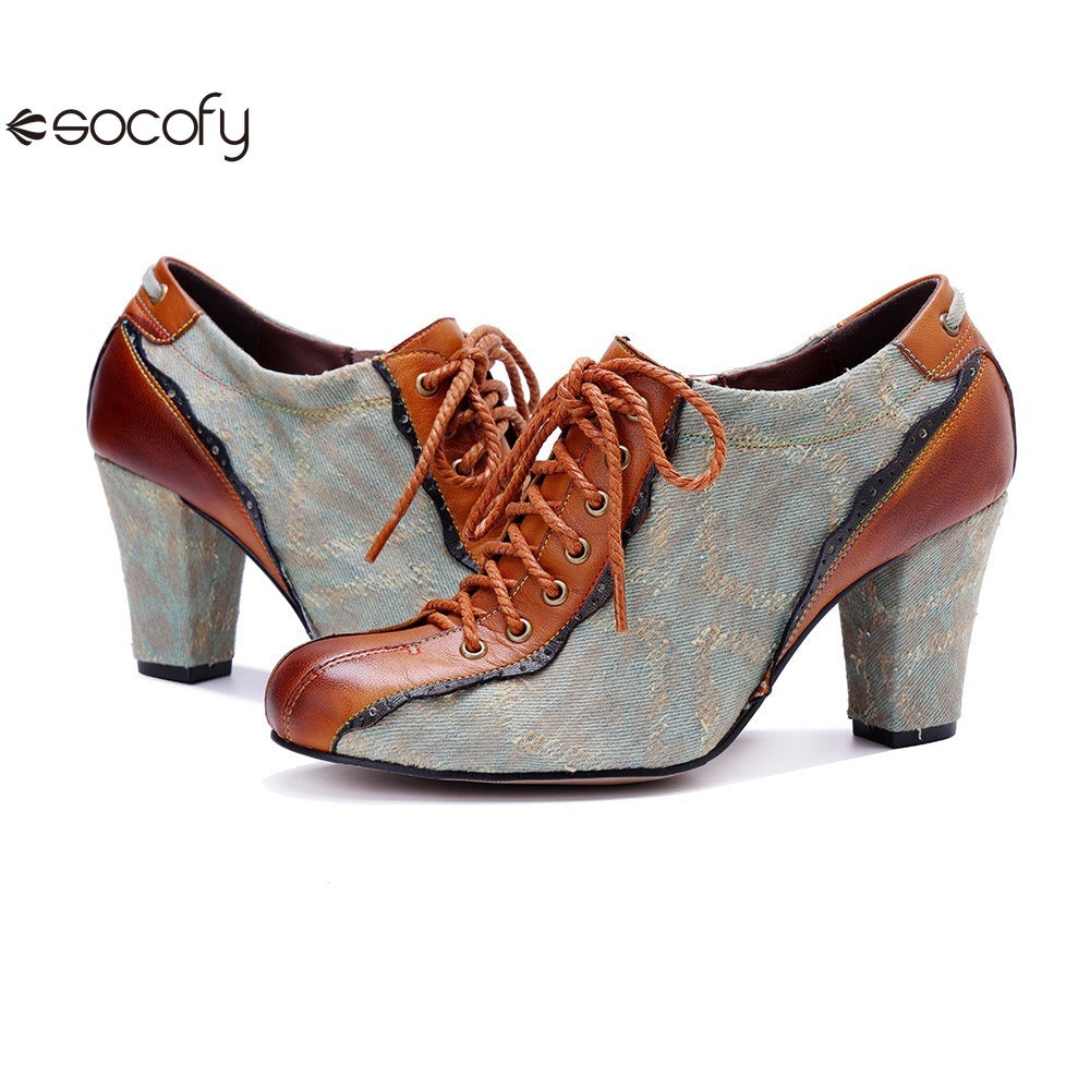 Socofy Genuine Leather Retro Fashion Lace Up Heels pumps