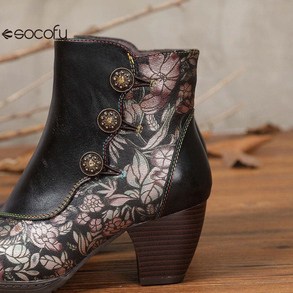 Socofy Leather Retro Flowers Fashionable Zipper Heel Boot